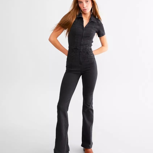We The Free Pants - FREE PEOPLE Jayde Black Denim Flared Jumpsuit